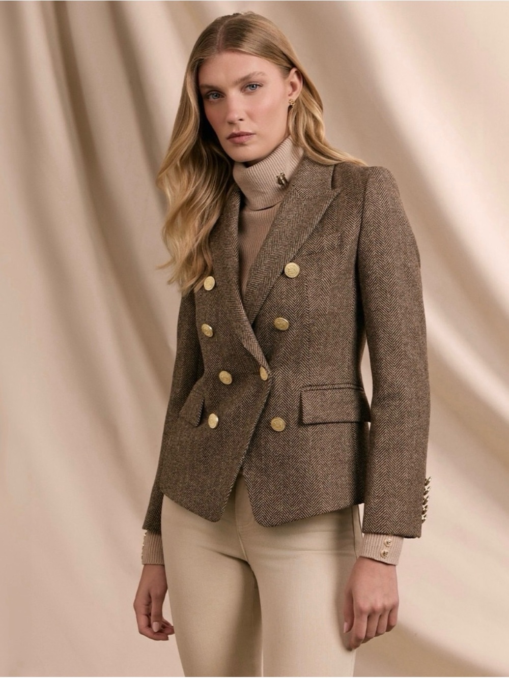 Love Token Brown Herringbone Double-Breasted Blazer with Gold Buttons
